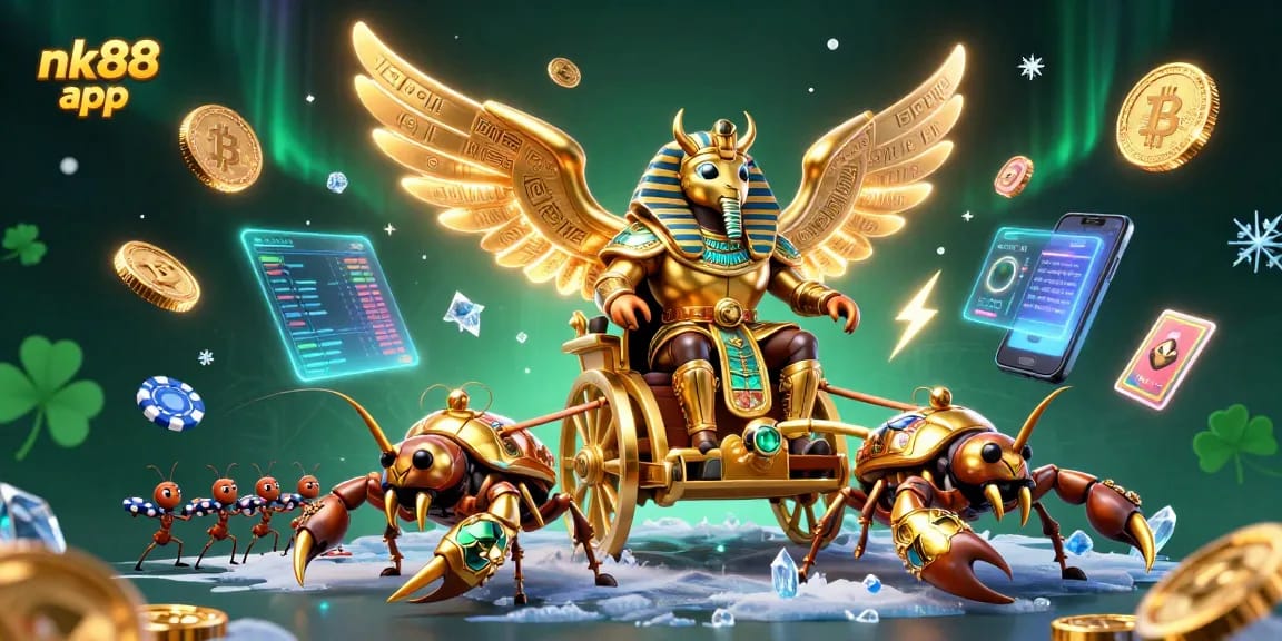 Spin and win with the nk88 app in a vibrant 3D casino adventure featuring golden beetles and crypto coins.