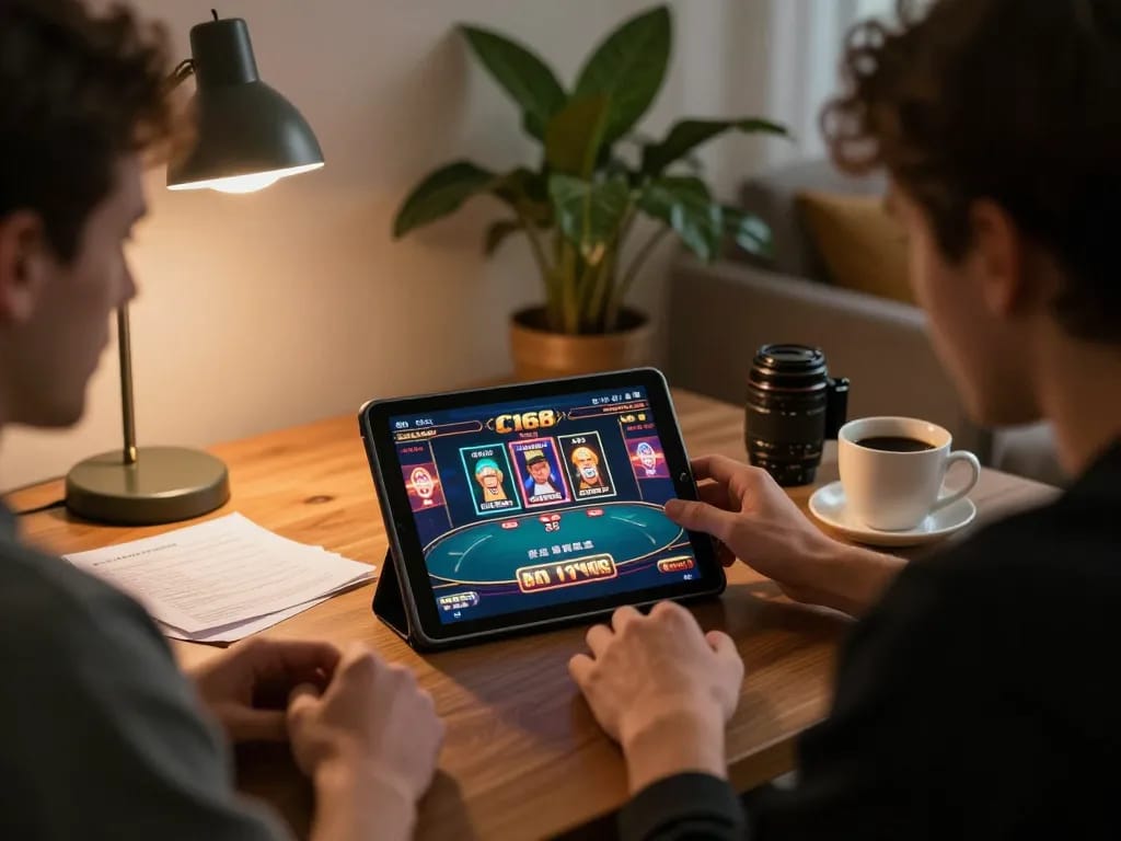 C168 players strategizing during an online gaming session in a cozy home environment.