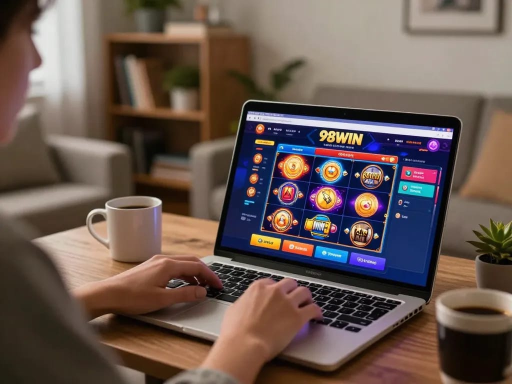 Engaging in online slot games on 98win 58, a player enjoys a casual yet immersive home setting.
