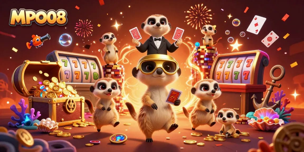 MPO08 captivates with interactive casino elements featuring meerkats in dynamic gaming action.