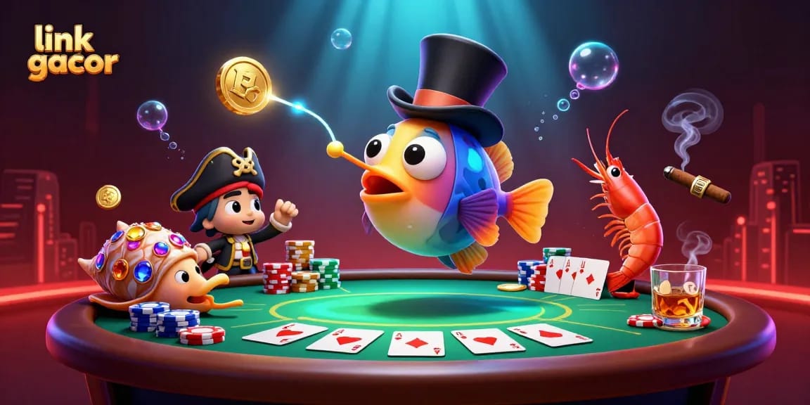 Attract golden coins in a vibrant underwater scene featuring link gacor characters and poker elements.