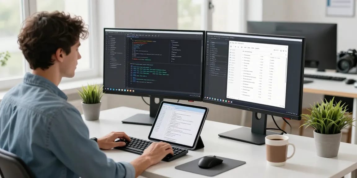 Paper airplane version 纸飞机中文版 on a modern tech workspace, showcasing dual monitors with coding interface.