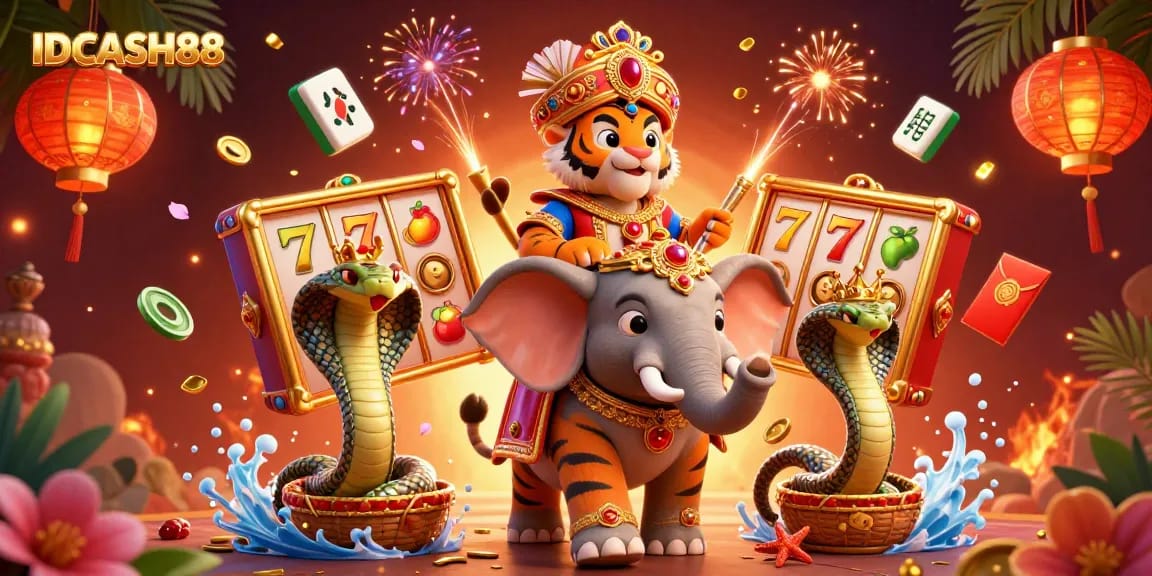Play exciting slot games with IDCASH88 in a vibrant, festive casino scene featuring 3D characters.