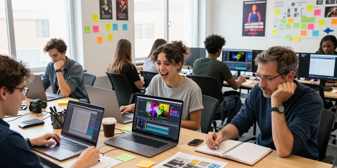 Engaged students participating in an Adobe Premiere Pro training course in a vibrant editing studio.