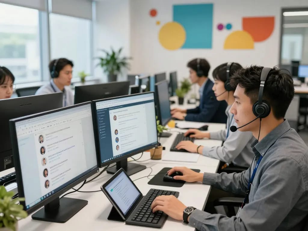 团队在生动的办公室环境中使用易翻译进行双语客户支持和实时翻译。