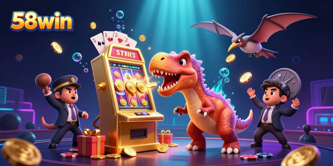 Experience the excitement of 58win as characters interact with a jackpot scene in a vibrant casino.