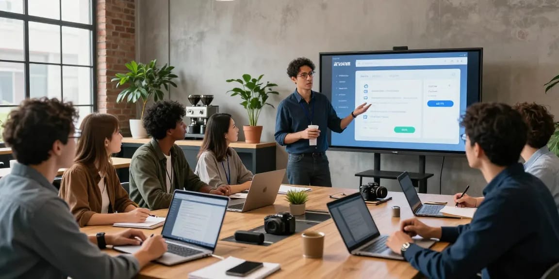 Professionals collaborating over the 纸飞机中文版 app in a modern tech workspace, showcasing app features on a large screen.
