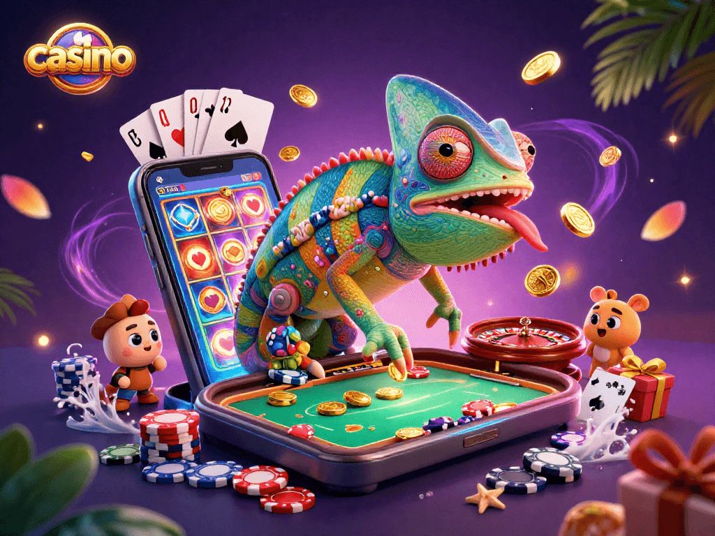 Casino action with a chameleon owner mesmerizing players and vibrant game elements around.