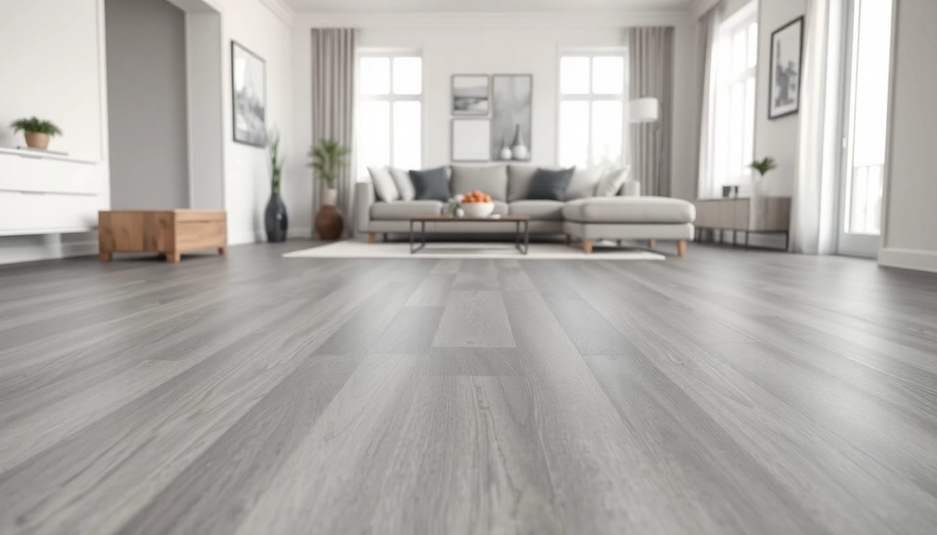 Admiring grey vinyl flooring's elegance in a modern living room setup with stylish decor.