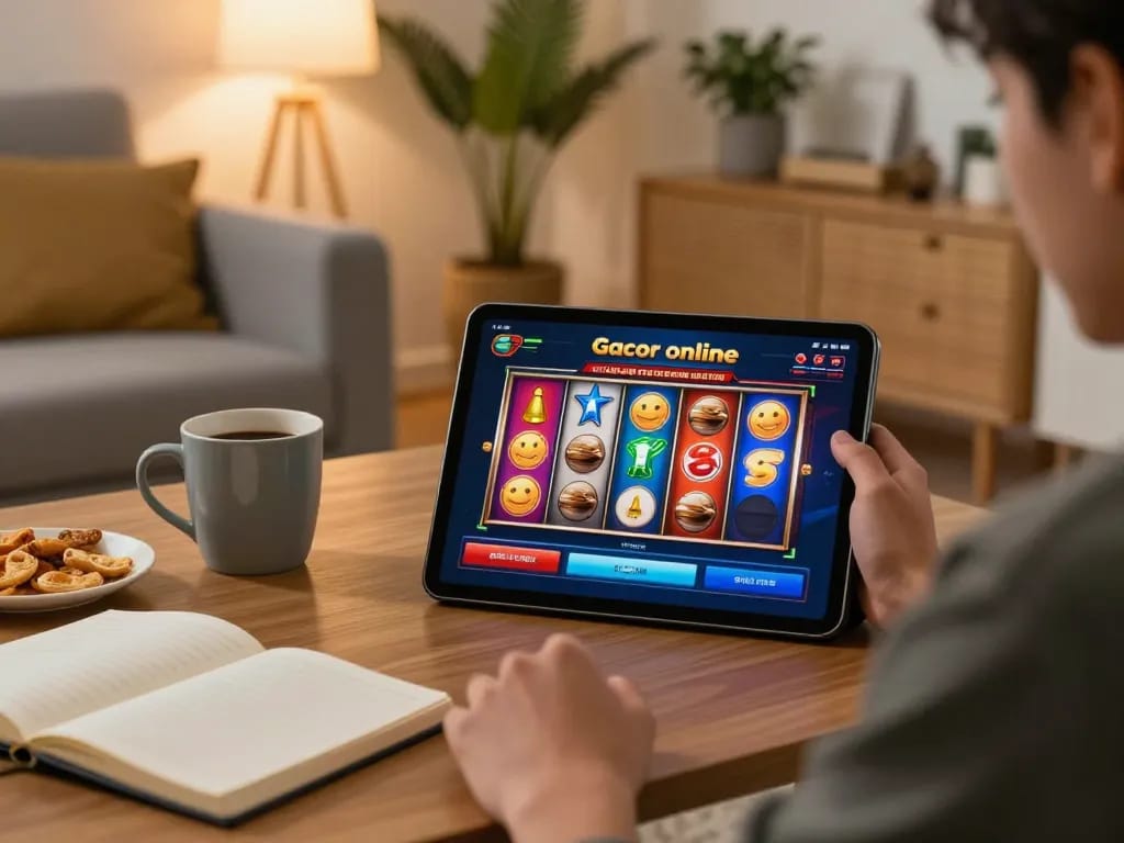 Engaging gameplay of slot gacor displayed on tablet in a cozy home ambiance, promoting strategic online gaming