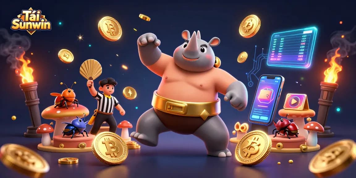 Tải Sunwin by engaging with cartoon beetles in a vibrant casino scene filled with coins and digital currencies.