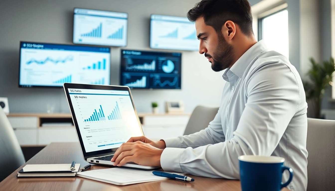 Analyze Search Engine Optimization Clearwater strategies in a bright, professional office setting with charts.