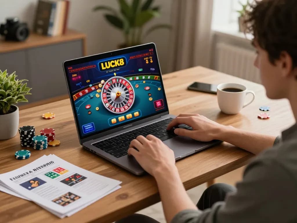 Engaged player using LUCK8 laptop to strategize roulette bets in cozy home setting