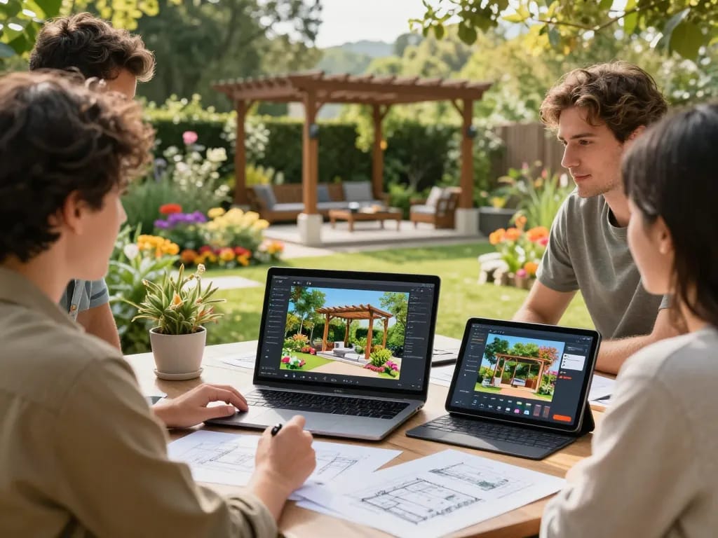 Engaging outdoor team collaboration using All-in-One pergola Configurator to design custom outdoor spaces.