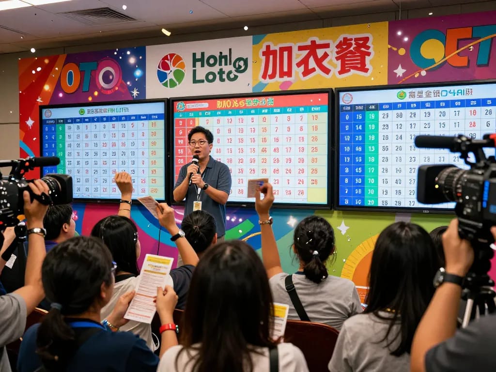 Excited participants celebrating at a Hongkong Lotto live draw event, showcasing vibrant displays and cheering audience.