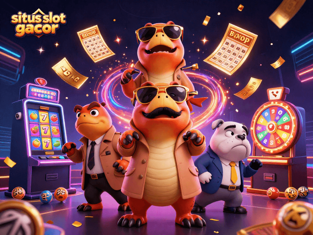 Situs slot gacor scene with raptors in trench coat, slot machine elements, and lively casino atmosphere
