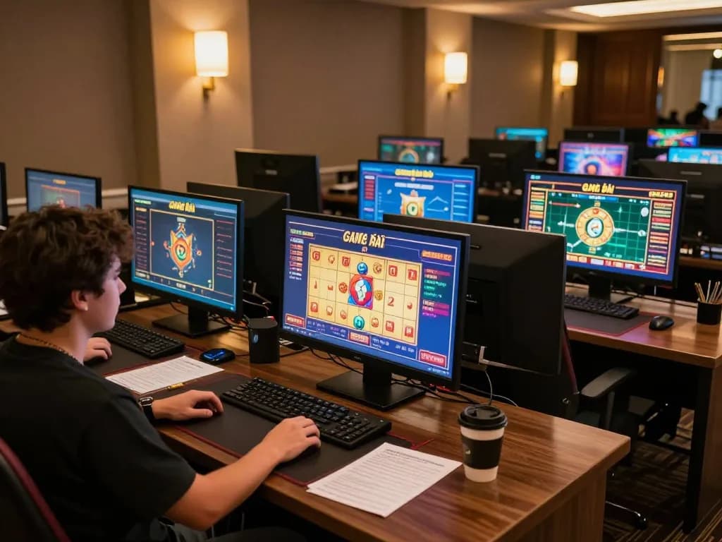 Engaging in Game bài nổ hũ at a stylish online gaming desk, showcasing vibrant interfaces and strategic gameplay.
