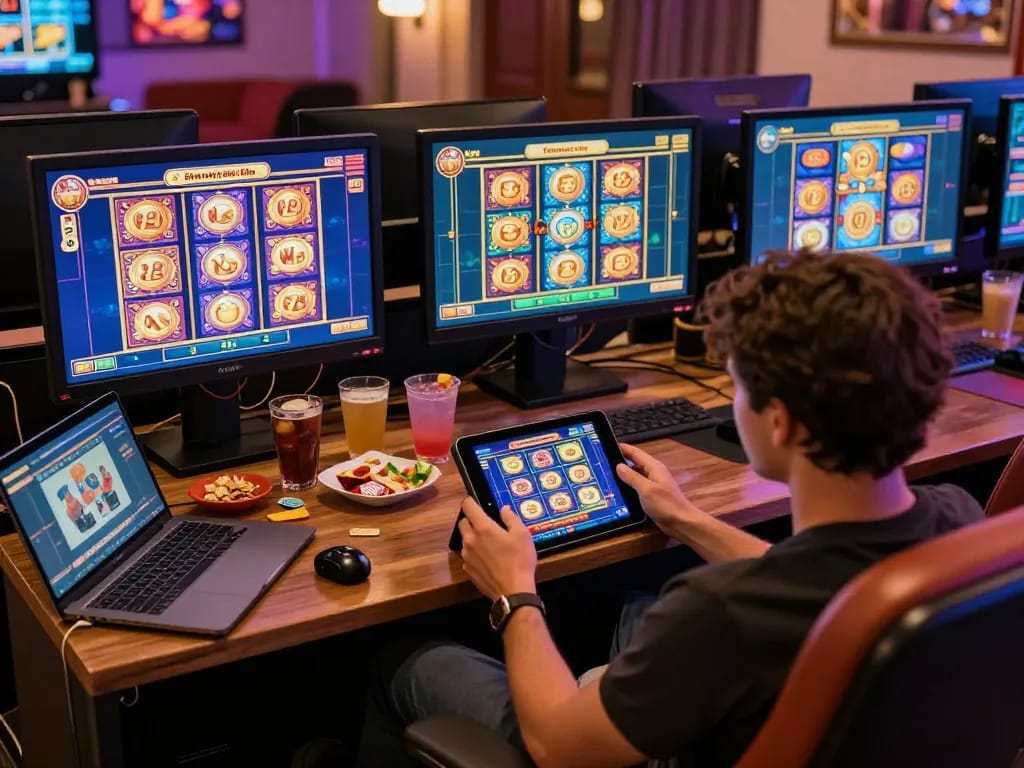 Engaging in slots not on Gamstop at a cozy home setup with colorful game graphics.
