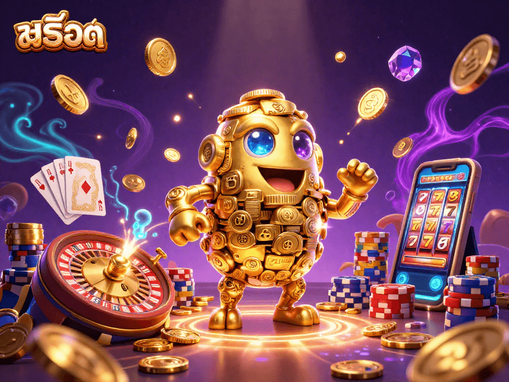 Engage with สล็อต through a dazzling display of golden golems and casino elements in 3D illustration.