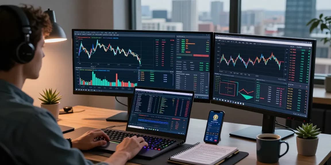 Stellar lumens price prediction trading environment with live cryptocurrency charts and modern tech workspace.