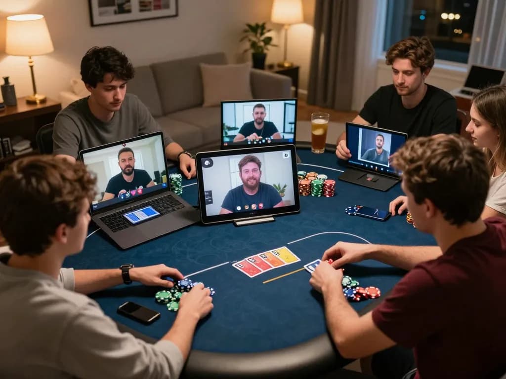 Players enjoying an exciting online poker game on fabet, showcasing a vibrant home atmosphere.