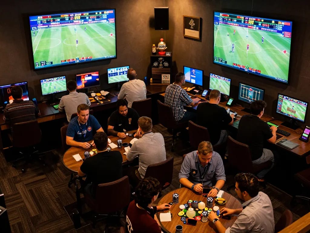 Exciting sports betting atmosphere at sv368 with bettors engaged in live games and odds calculations