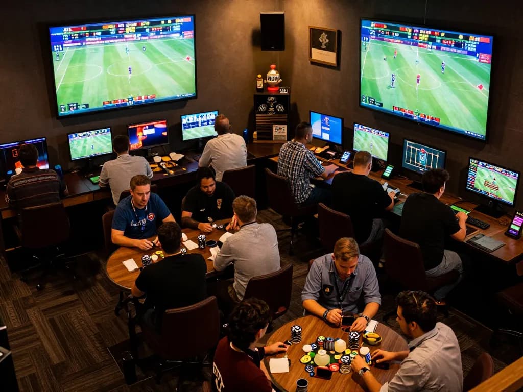 Exciting sports betting atmosphere at sv368 with bettors engaged in live games and odds calculations