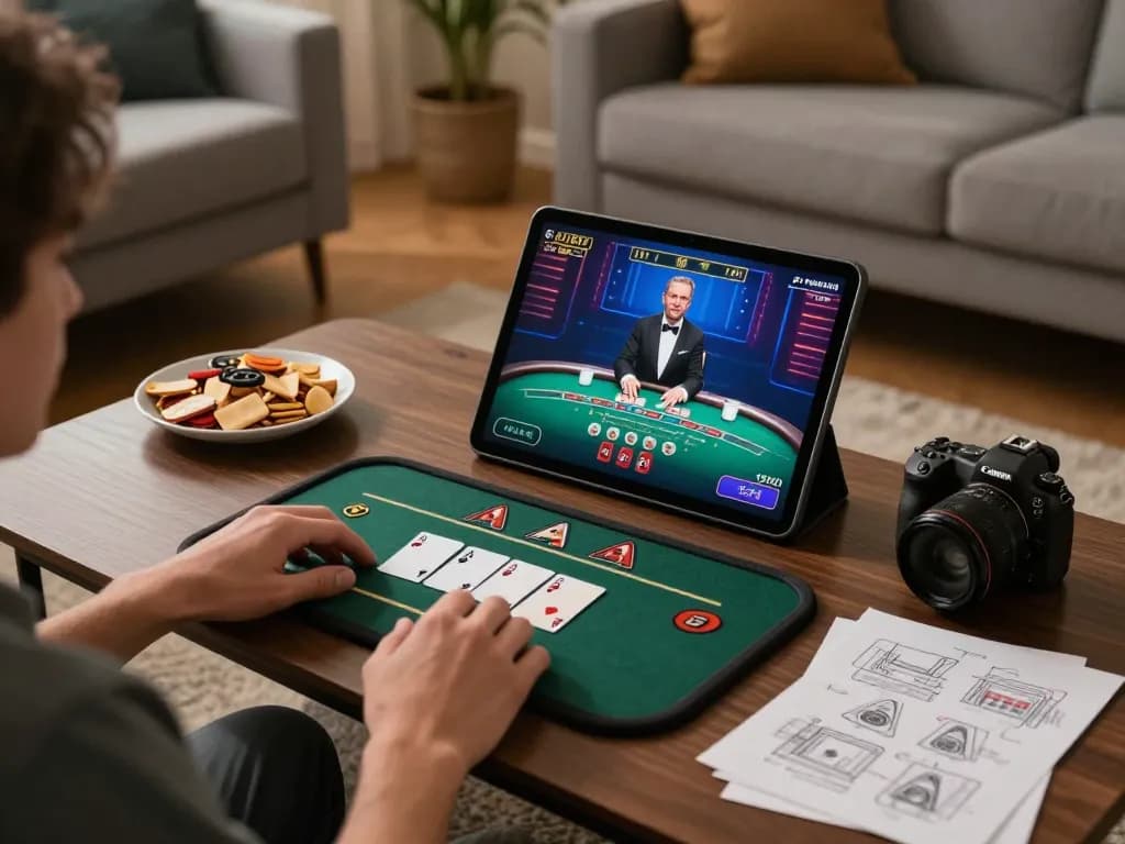 Player enjoying white label casino games on a tablet in a cozy living room setting