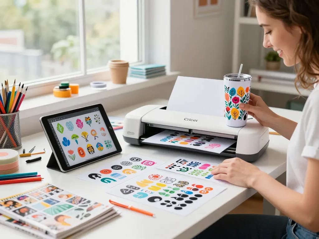 Creative crafter designing tumbler SVG files in a bright studio setting.