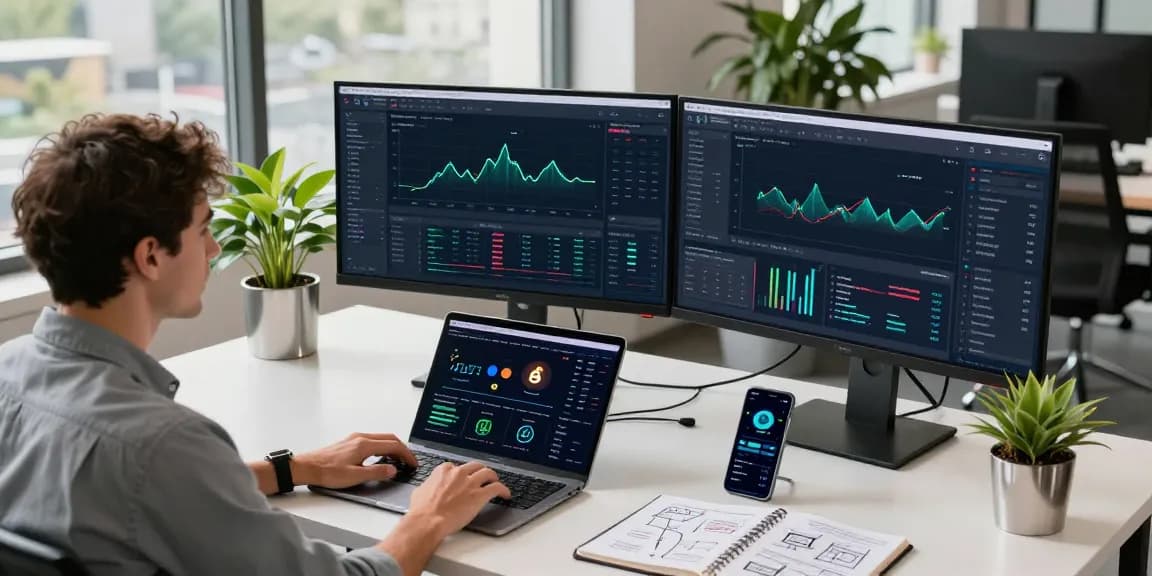 Engaged user analyzing metrics on a cloud mining platform in a modern cryptocurrency workspace with multiple screens and devices.