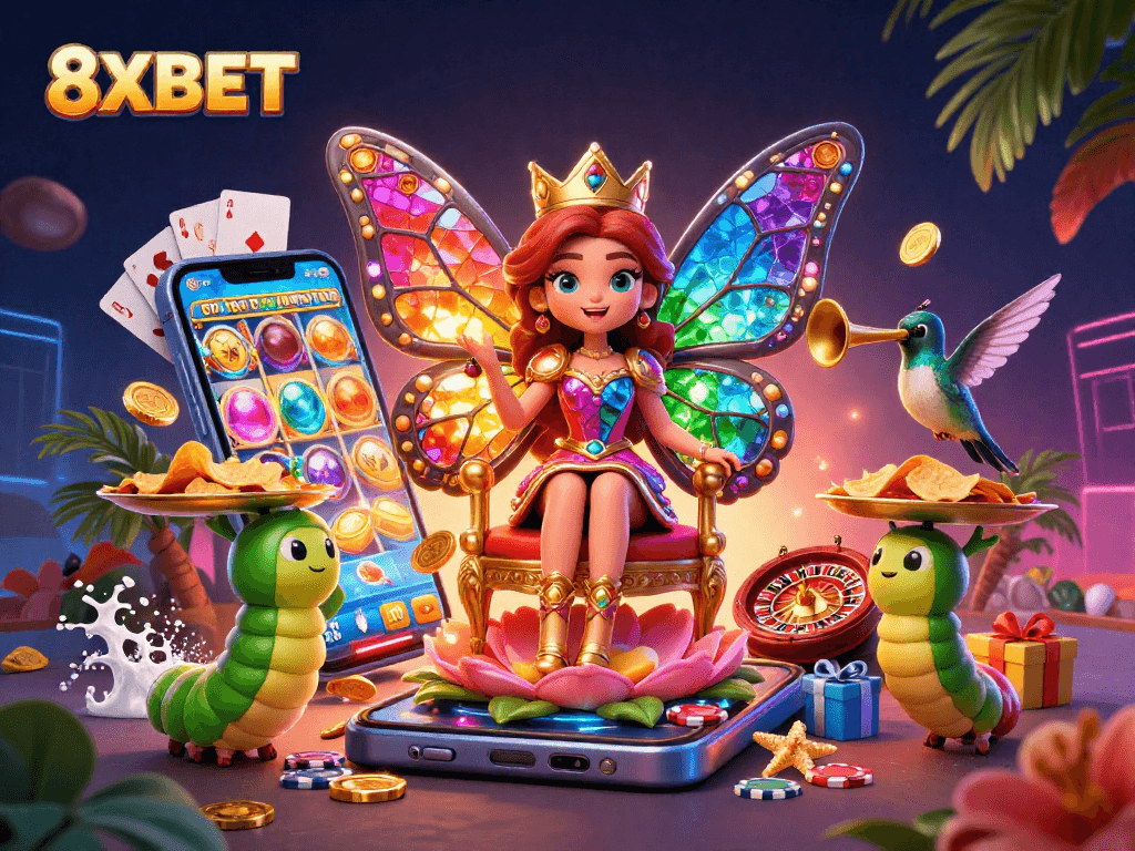 Experience the vibrant world of 8XBET with interactive slot games and colorful casino elements.