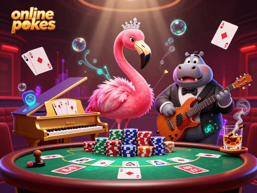 Experience online pokies excitement with poker tables, colorful chips, and vibrant characters in a casino scene.