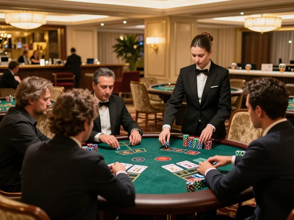 Players engage at a blackjack table showcasing v9bet's luxury gaming experience with high stakes action.