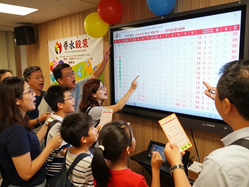 Excited players cheering as they check their tickets for Hongkong Lotto results during a community event.