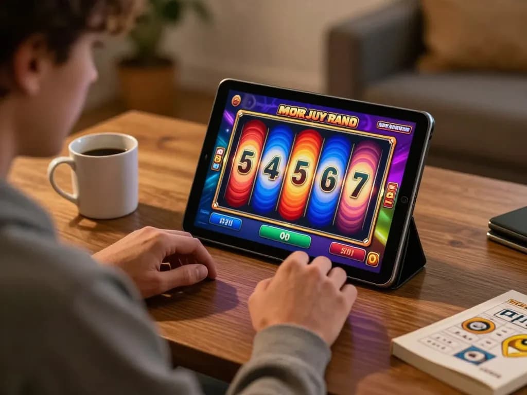 Engaging in a thrilling online slot game with a deposit 1000 strategy on a tablet in a cozy home