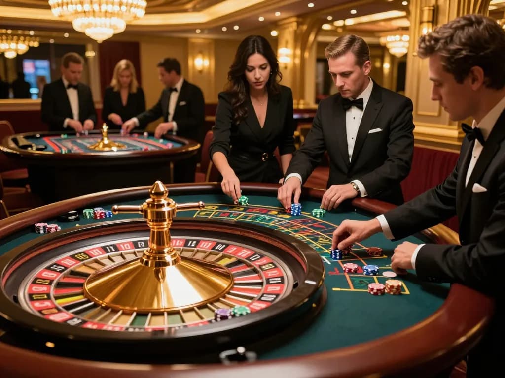 Exciting roulette action at 789win trang chu, with players placing bets in an upscale casino.