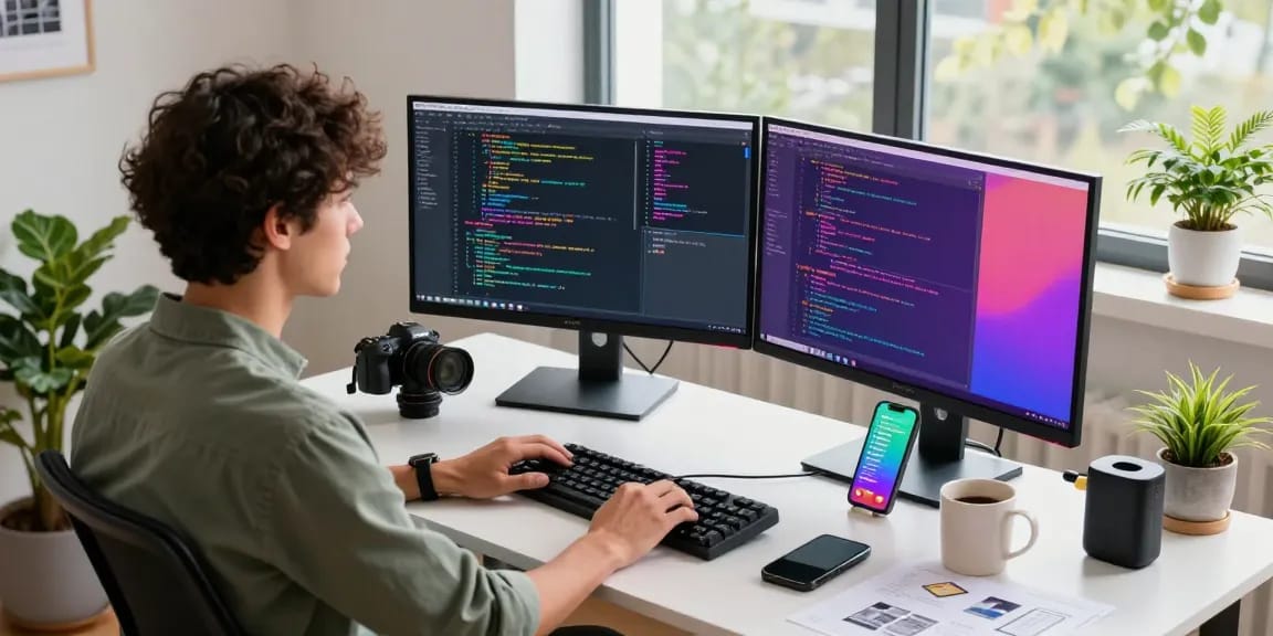 Developer coding at a modern desk with dual monitors, showcasing 纸飞机中文版's innovative software features.