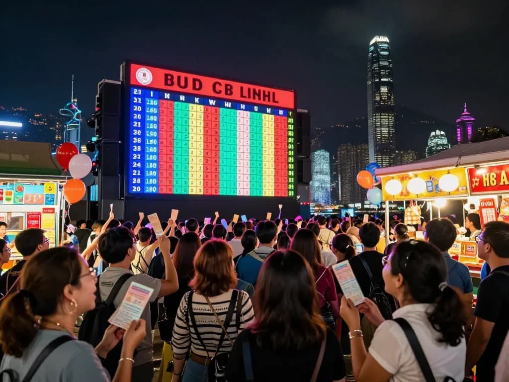 Excited crowd at a Hongkong Lotto live draw event, showcasing vibrant atmosphere and iconic skyline.