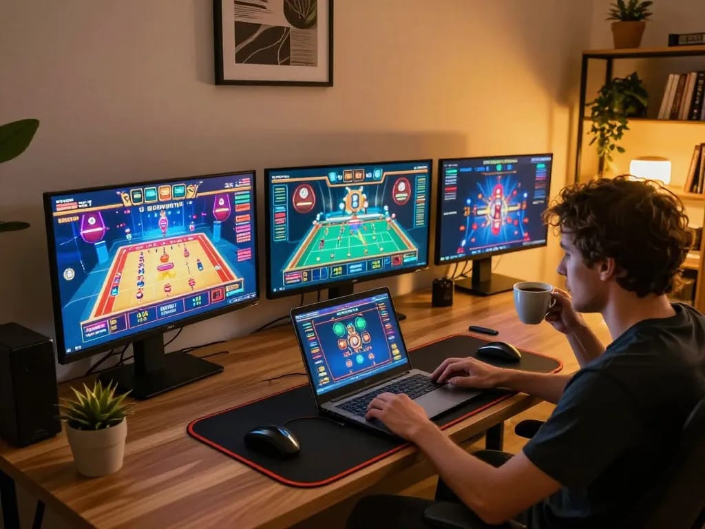 Engage with casino games online at 98win, featuring a cozy gaming setup and multiple screens