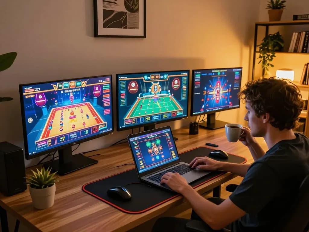 Engage with casino games online at 98win, featuring a cozy gaming setup and multiple screens