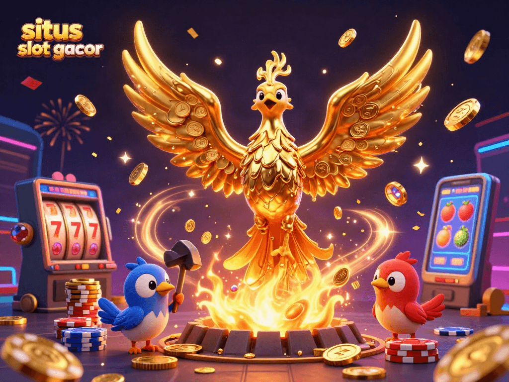 Engage with situs slot gacor featuring a fiery golden phoenix and dynamic casino elements.