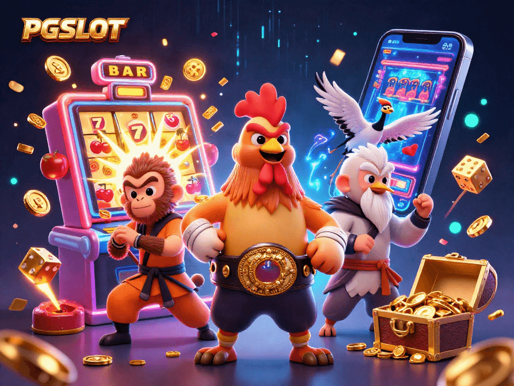 Experience PG SLOT with a lively scene featuring a Muay Thai rooster and a Shaolin monkey among vibrant casino elements.