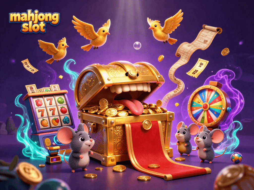 Engage with mahjong slot excitement through a vibrant 3D illustration of treasure and casino elements.