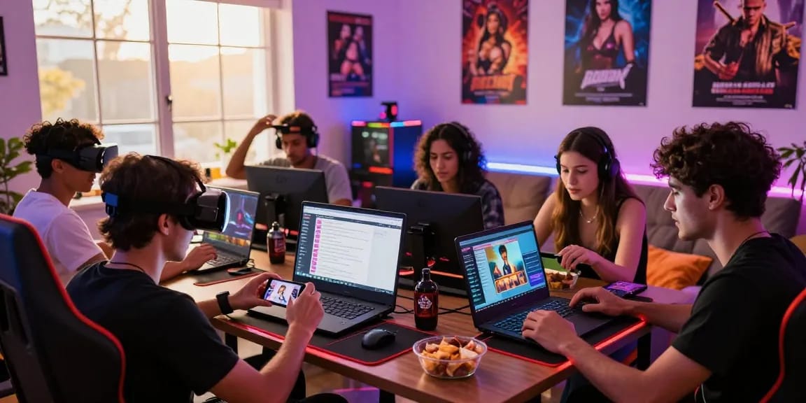 Group of friends enjoying various sex games in a lively gaming room.