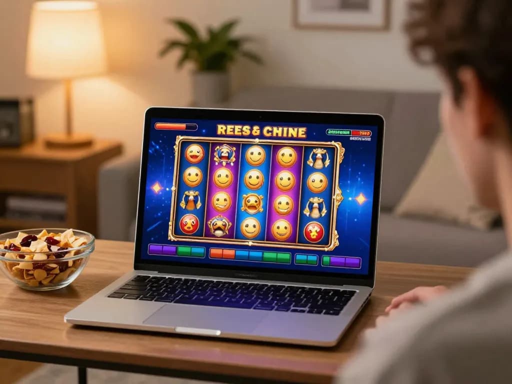 Player enjoying situs slot games on a laptop in a cozy living room, showcasing exciting gameplay.