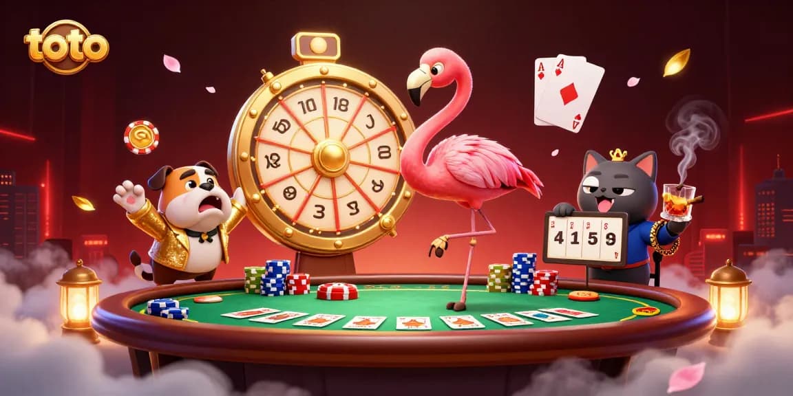 Permainan toto yang menarik dengan anjing bulldog ceria dan flamingo berbaju emas.