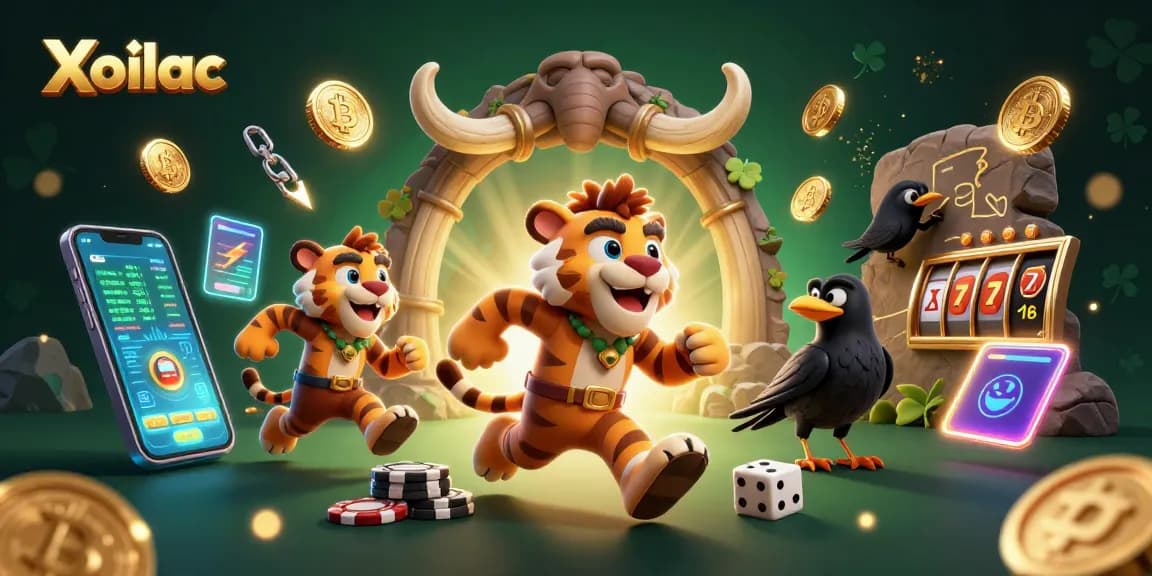 Xoilac enhances your slot gaming experience with a vibrant prehistoric casino illustration featuring iconic elements.