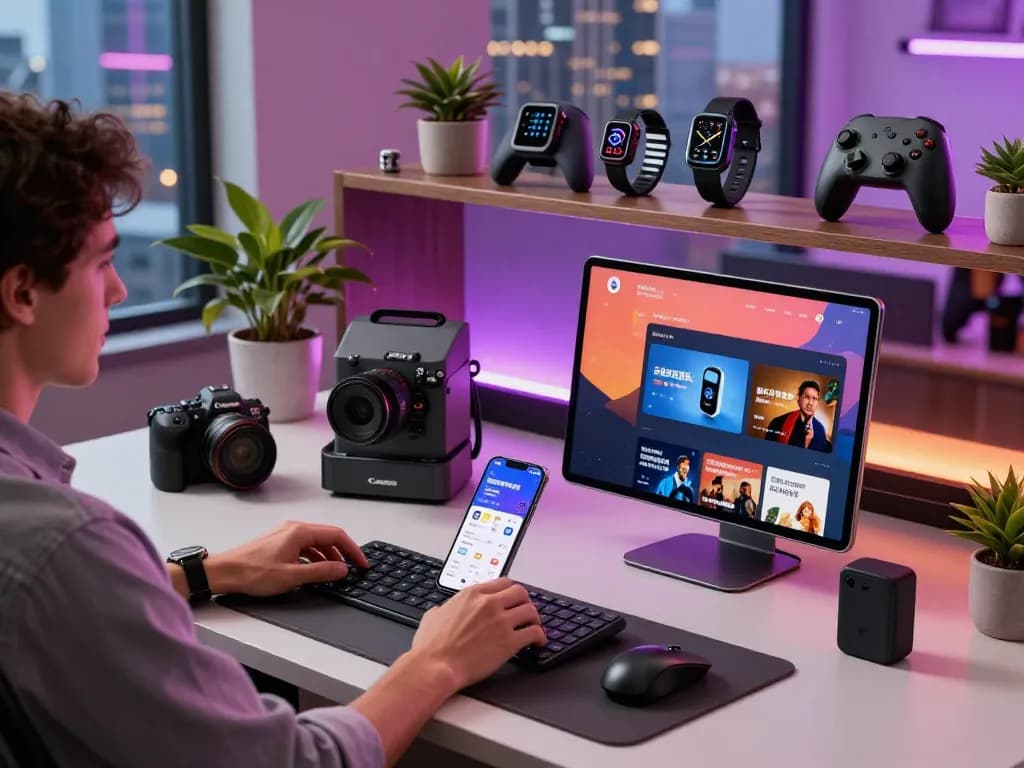 Engaging workstation displaying trending tech gadgets including Bluetooth devices and modern tech tools.