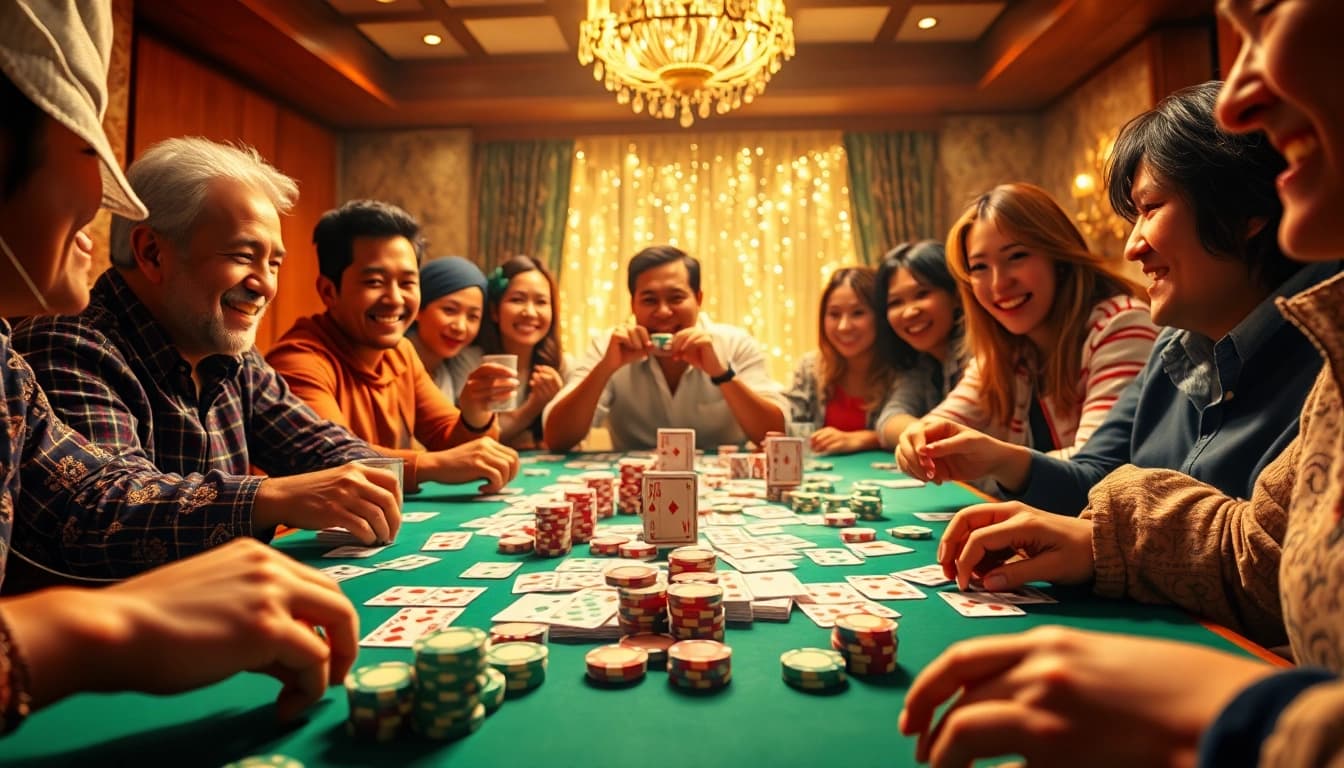 Players enjoying a lively game of yono rummy with vibrant cards and chips at the table.