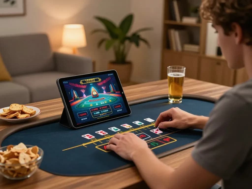 Enjoying online gaming at home with betbet tablet, displaying live dealer action in cozy ambiance.